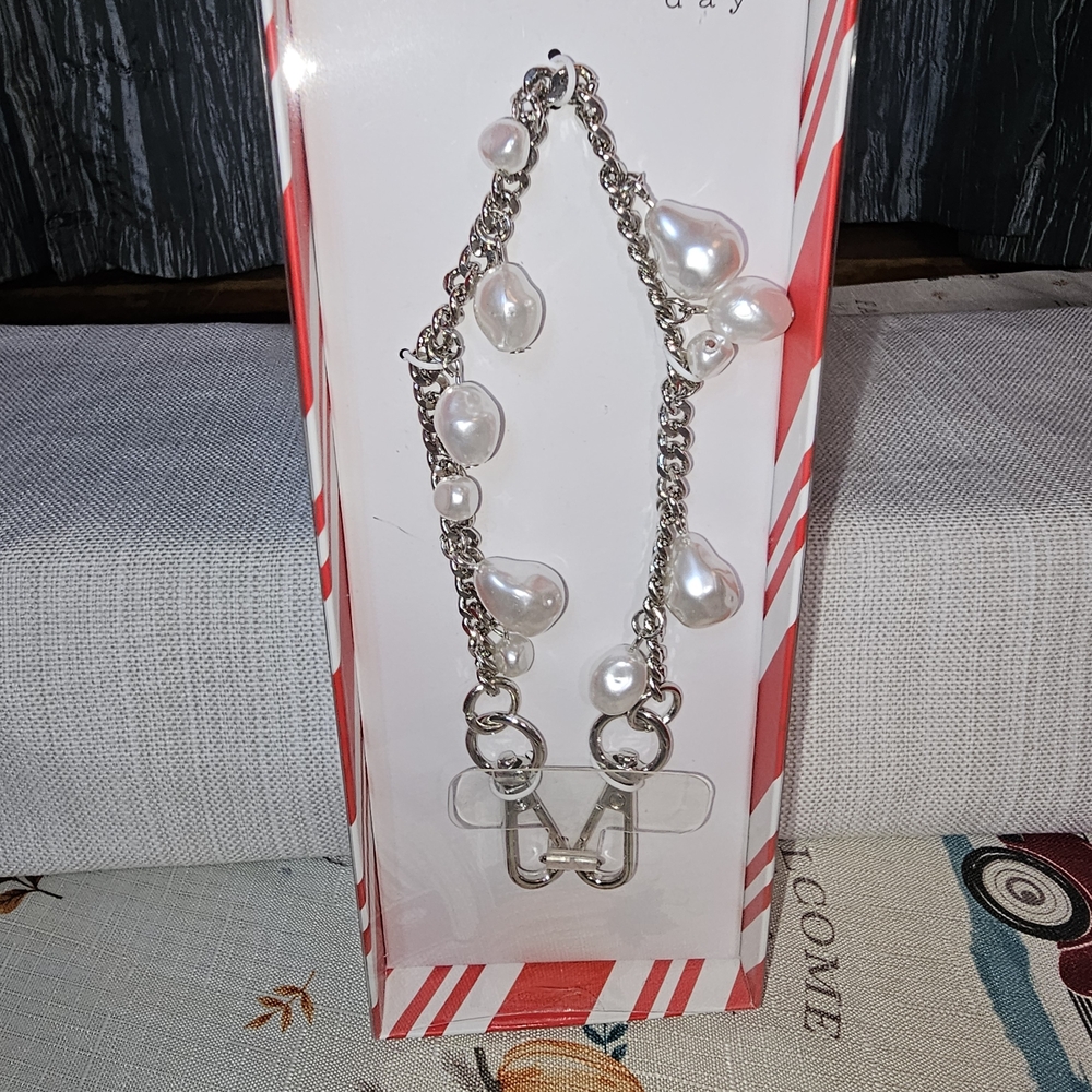 a new day Silver Phone Chain with Pearl Charms